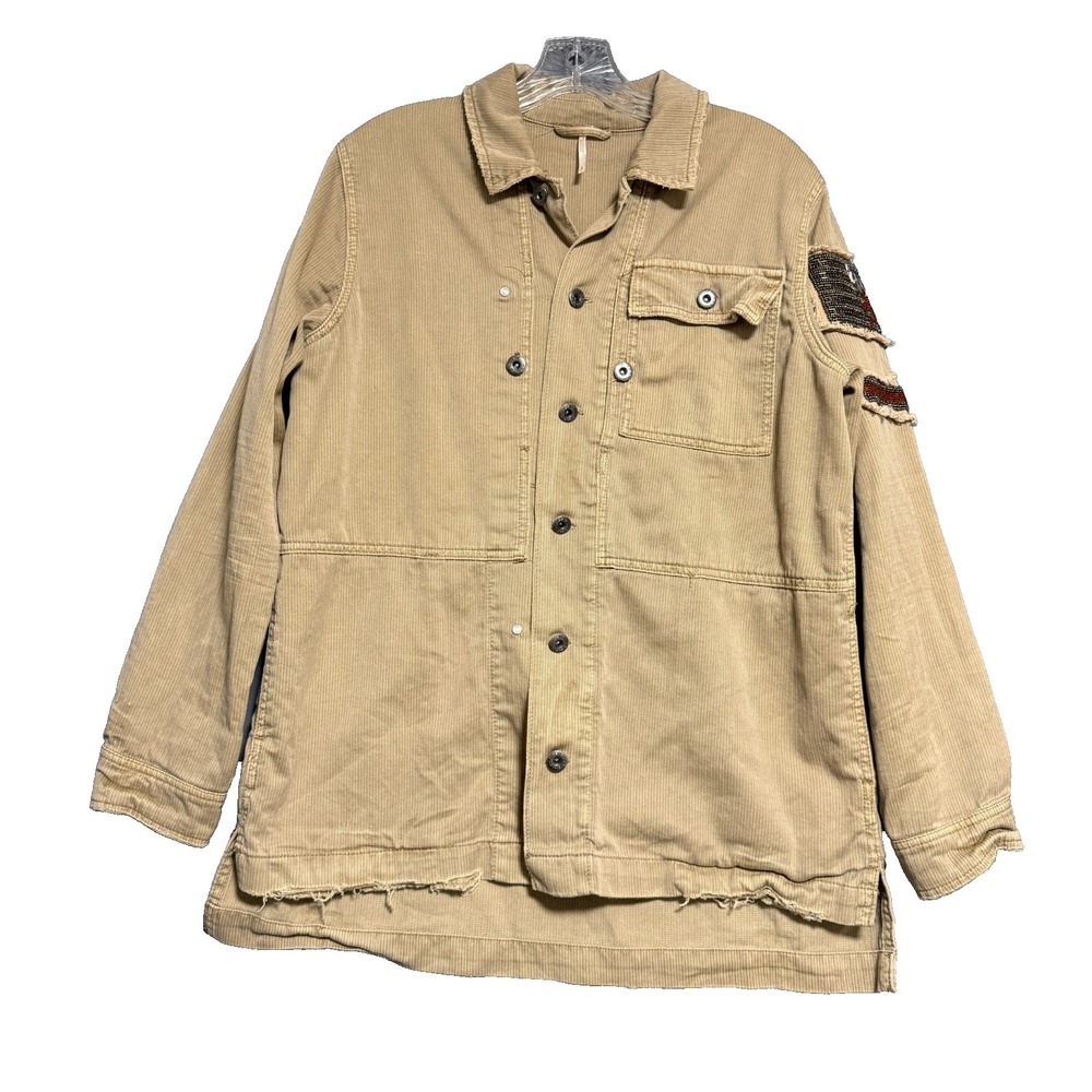 Free People Shacket Mens S Brown Herringbone Utility Beaded Eagle Patch Grunge